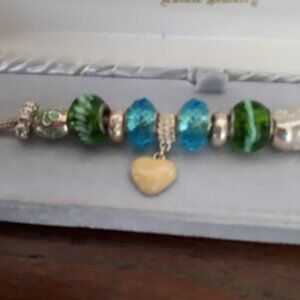 Pandora Like Bracelet - Blue/Greem Cream Beads on Silver bracelet 8"
